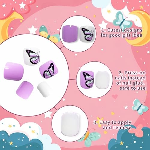 Kids Press on Nails Children Fake Nails Artificial Nail Tips Purple Butterfly - Picture 3 of 6