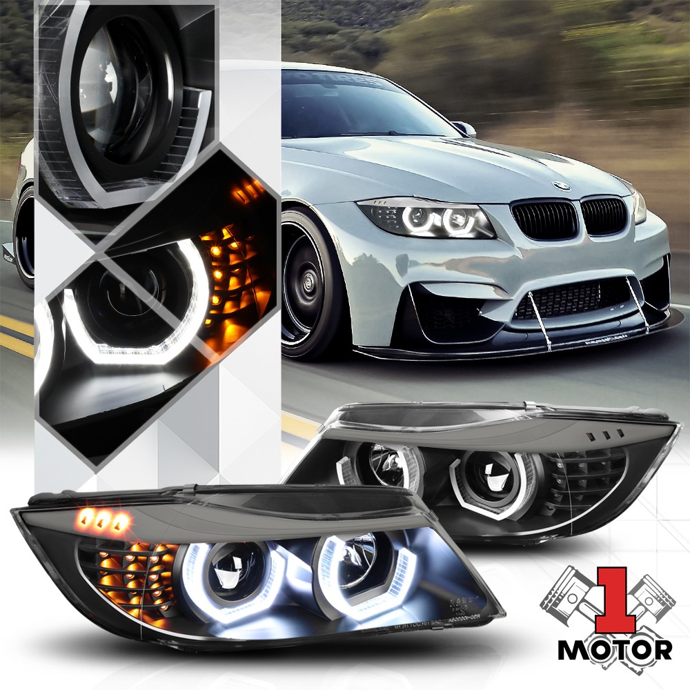 For 2009-2012 BMW E90{DUAL HALO/LED SIGNAL}Black/Gray Trim