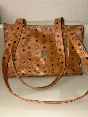 #ad MCM Visetos Shoulder Tote Bag Cognac Vintage pre Owned L 15quot; H 10quot; W 5.5quot; $250.00