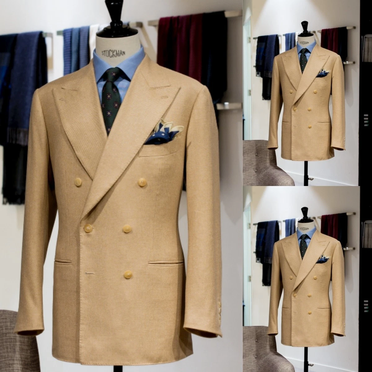 100% Cashmere Men's Suits Jacket Winter Wear Peak Lapel Beige Slim Fit Blazer