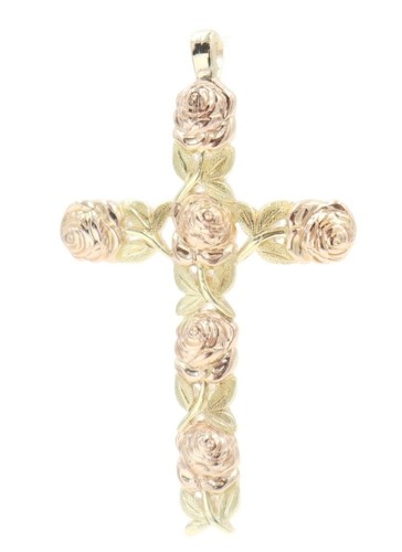 Jabel 1.7" Pink and Green Gold Carved Cross with Sculpted Roses and Leaves 6.2g - Picture 3 of 18