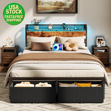 Queen Bed Frame with Storage Drawers LED Lights Charging Station Headboard