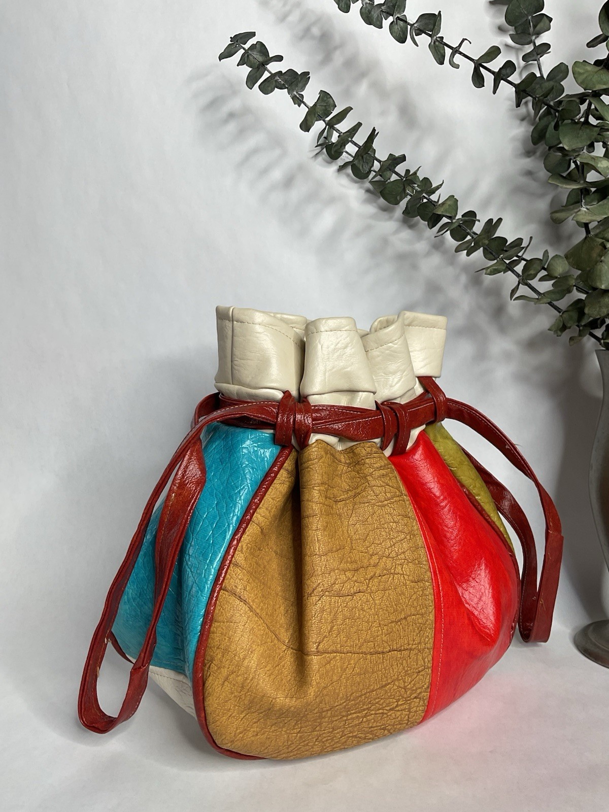 1960s 1970s Multi Colored Patchwork Drawstring Bu… - image 6