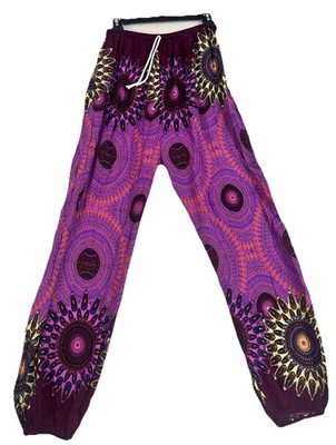 Boho Harem Pants XL Purple Mandala Print Drawstring Balloon Leg Festival Yoga