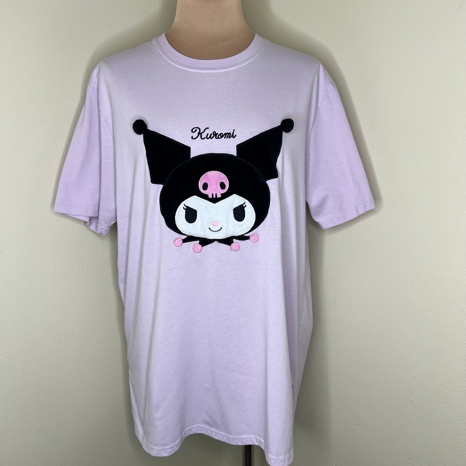 Sanrio Kuromi T-Shirt OS Womens Lilac Crew Neck Embroidered Anime Cartoon Tee 