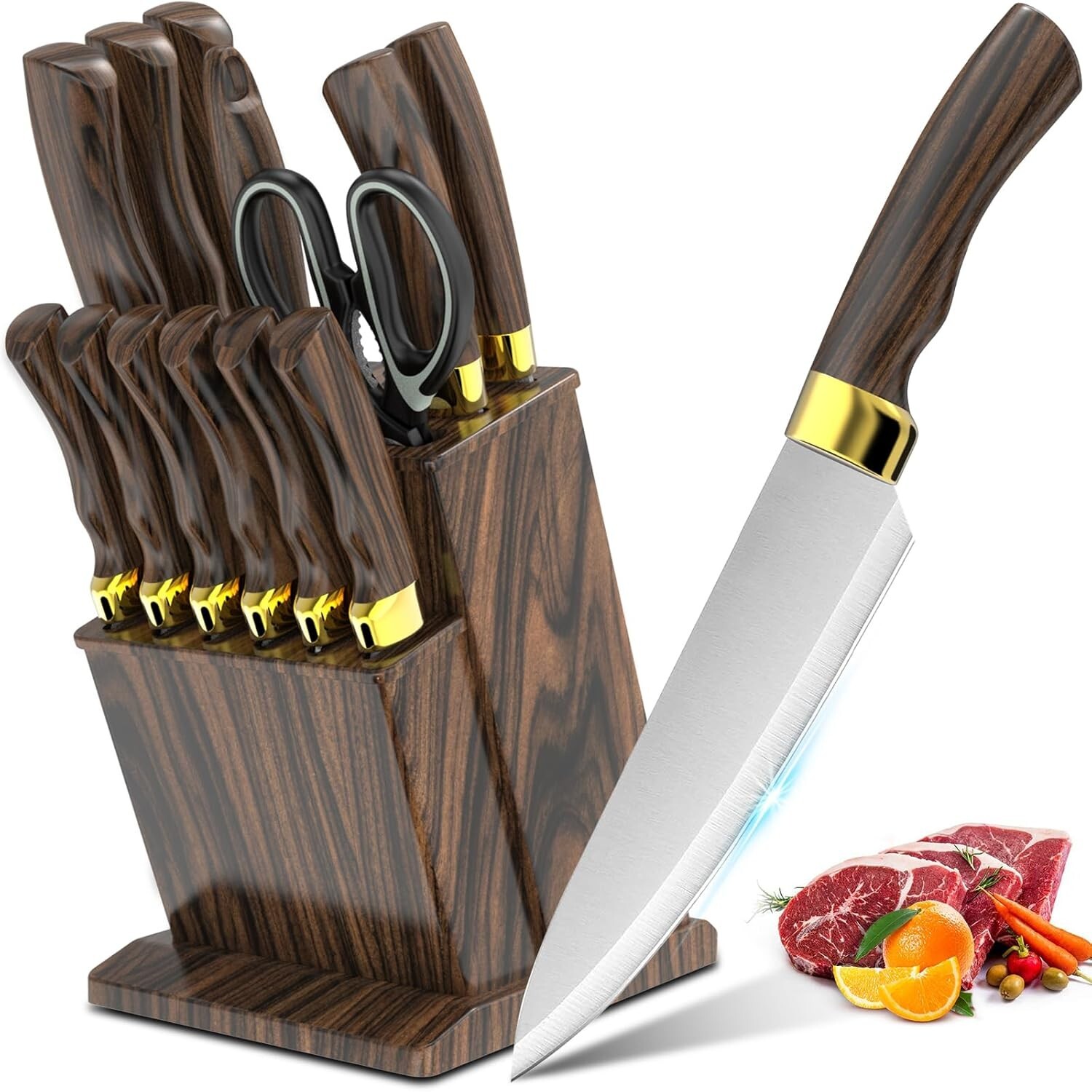 Knife Set, 15-Piece Kitchen Knife Set with Block Wooden German Stainless Steel-image