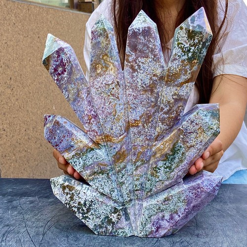 11.59LB Natural Water Grass Moss Agate Crystal Column with Multiple Pointed Cry