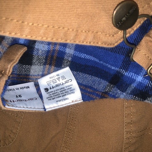 Carhartt Boy’s Brown Tan Bib Overalls Plaid Flannel Lined Double Knee - Sz 3T - Picture 6 of 7