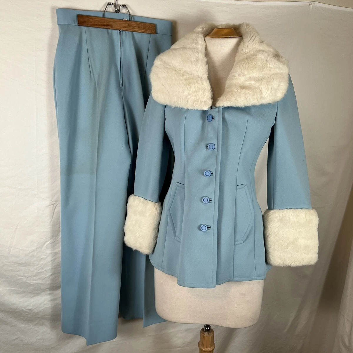 Vintage 50s 60s Lilli Ann Knit Mod Baby Blue Coat White Faux Fur Trim Size  XS