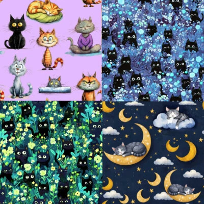FOREVER CRAFTING UK Cats and Kitty Fabric - 4 Lovely designs - Metres/Fat/Long/Quarters- 100% Cotton