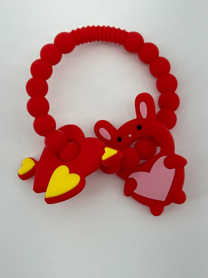 Silicone Baby Teething Toys Red Heart Bunny Ring Chew Rattle BPA-Free Soft - Image 2 of 4