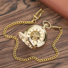 Mens Mechanical Pocket Watch Half Hunter Antique Style Silver/Golden with Chain