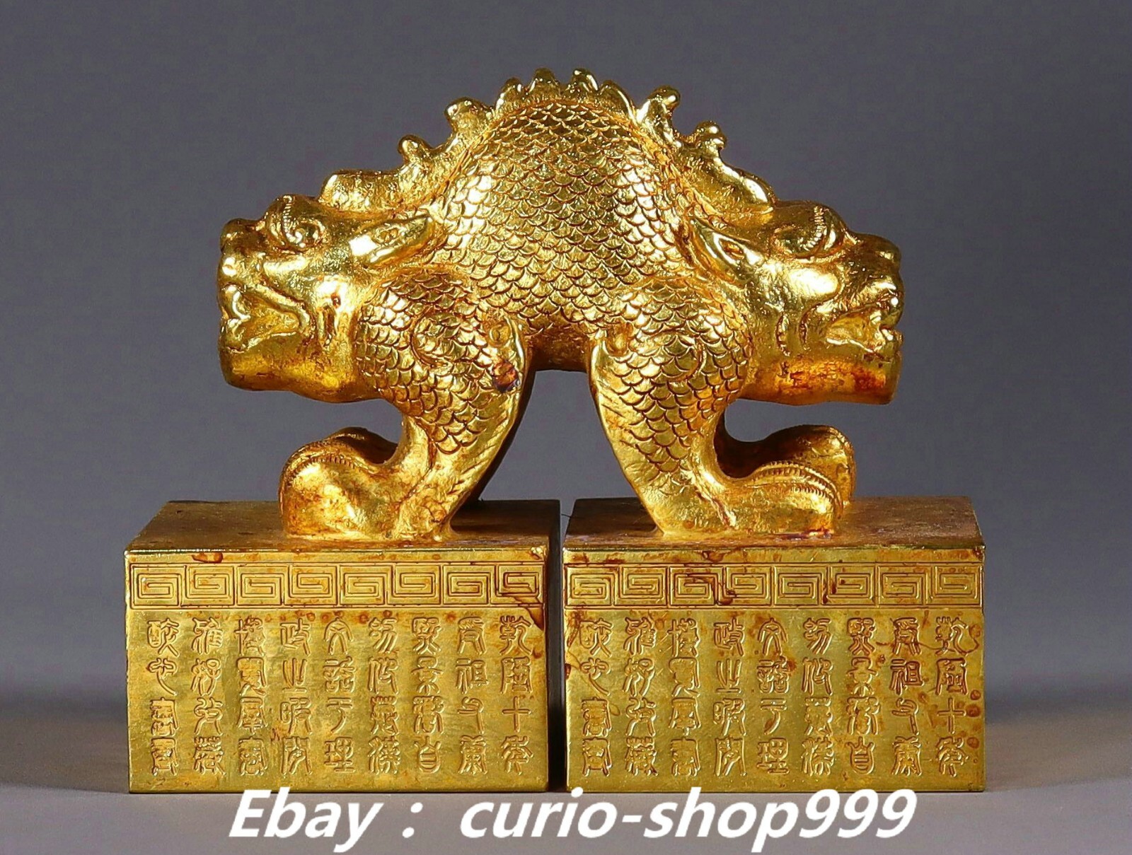 3.9 Inch Antique Chinese Dynasty Copper Gold Double Dragon Loong Seal Stamp Signet