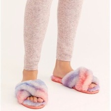 EMU AUSTRALIA Cozy Mayberry Tie Dye Crossover Straps Slippers Pink Navy Sz.9 NEW