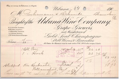 1902 Urbana Wine Co Urbana NY Champagne & Still Wines Producer Billhead BH2-19