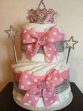 THREE TIER FIRST BIRTHDAY Princess Diaper Cake Pink Girl Deluxe Centerpiece Gift