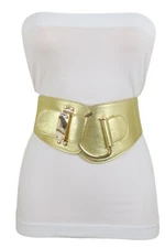 Women Gold Fashion Elastic Street Wear Belt Metal Hook Buckle Adjustable L XL