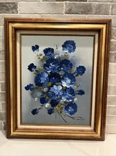 Oil Painting Floral Blue Signed Giddy On 16” X 20” Canvas Framed