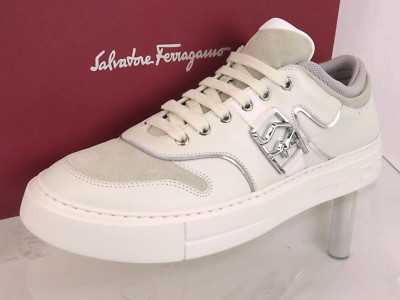 $795 FERRAGAMO NORIS WHITE LEATHER BEIGE SUEDE SF LOGO SNEAKERS 11 M ITALY
