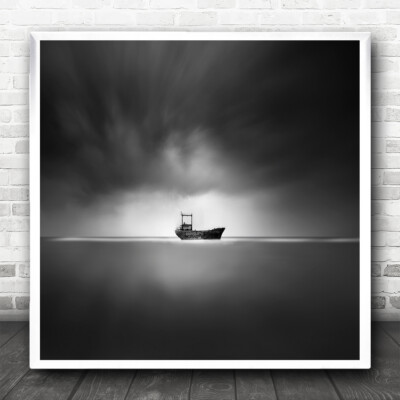 Fine Art Black And White Minimal Seascape Wreck Ship Square Wall Art Print