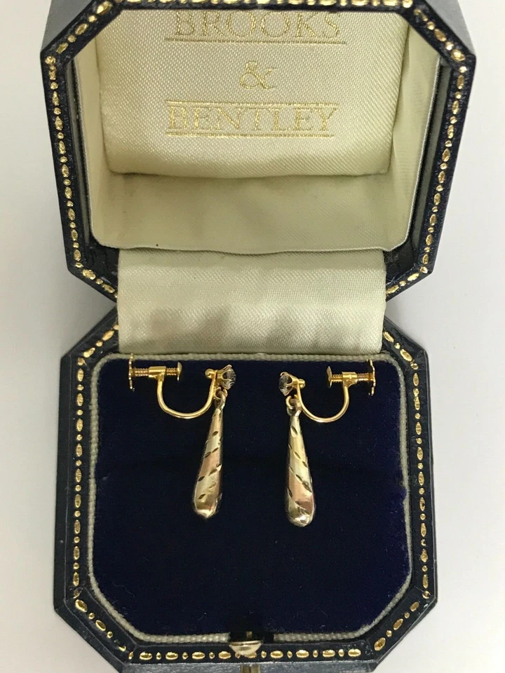 Old-cut Clear Stone 9ct Gold Screw Back Dangle Drop Vintage Earrings - Image 3 of 4