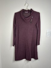 French Grey Women’s Large Burgundy Cowl Neck Button Sweater Dress 36” Length