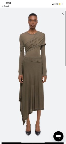 Helmut Lang Protection Draped Midi-Dress Olive Green Size M $395 - Picture 7 of 13
