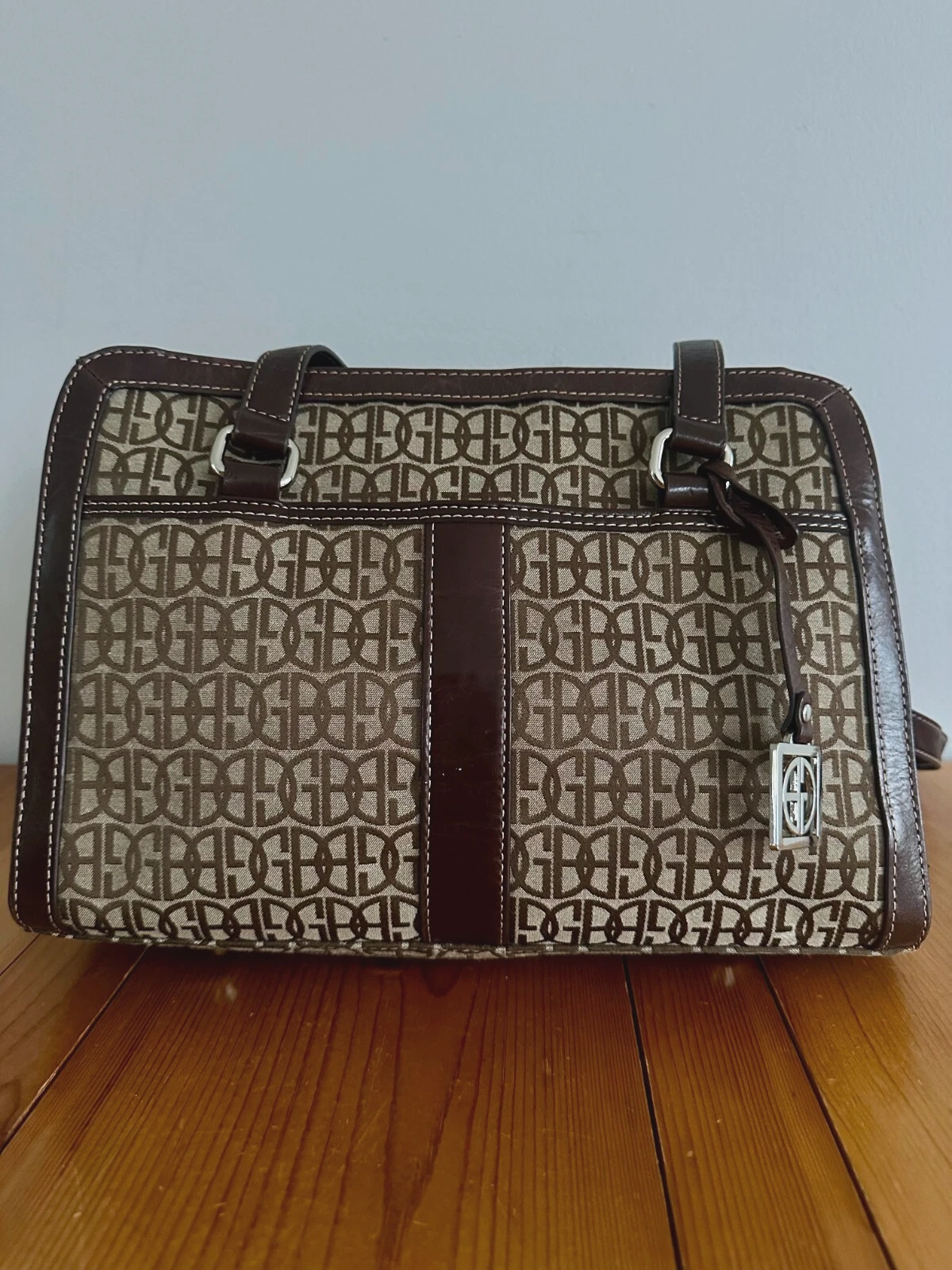 Giani Bernini Block Signature 12" Brown Tan Shoulder Handbag Purse Leather Trim
