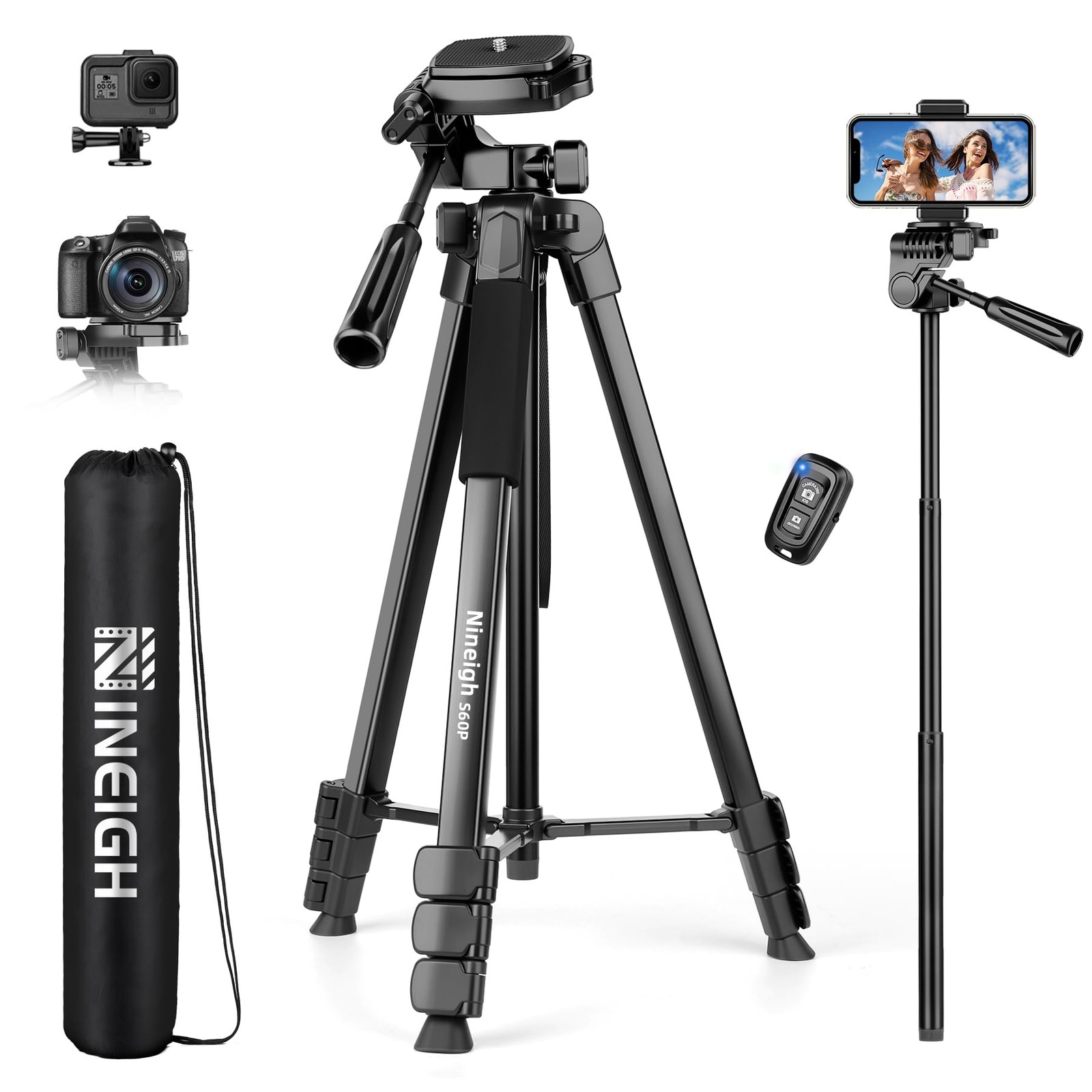 Trépied appareil photo et smartphone de 211cm avec télécommande sans fil noir