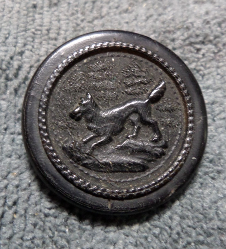 Vintage Antique Pressed Horn Carved Picture Button RUNNING DOG Back Depose