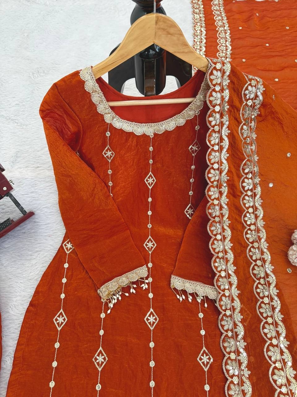New Stylish Fendy Silk Orange Salwar Kameez With Dupatta For Function Wear thumbnail 9