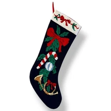 Vtg Needlepoint Christmas Stocking Wool Red Velvet Navy Bow Candy Cane Holly