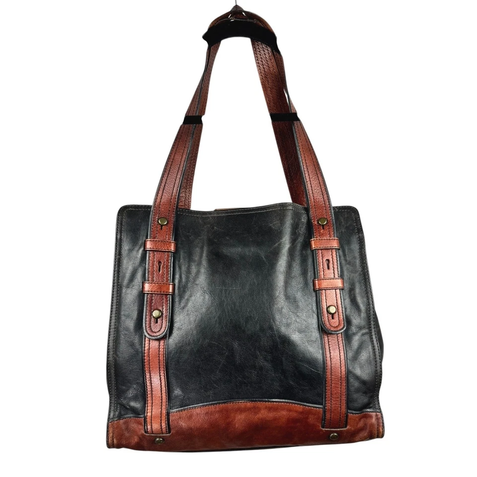 Fossil Leather Tote Bag Long Live Vintage Brown Black Dual Tone Shoulder Bag - Image 2 of 4