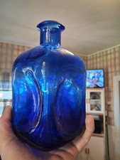 Vntg Spain 1960s Pinched Cobalt Blue Glass Bottle Square-7.5"-Mint Condition 