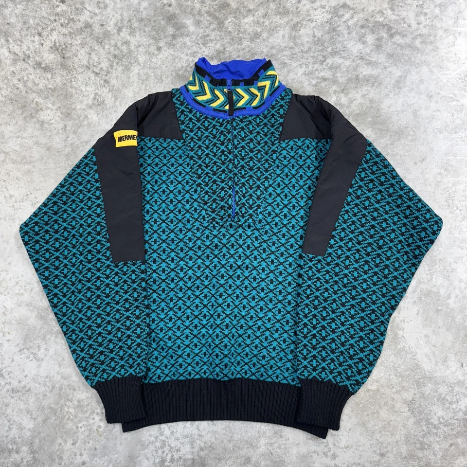 Suéter Obermeyer de Colección Para Hombres Grande Verde Azulado Nórdico Media Cremallera Esquí Pullover Años 90 Foto 2 de 4