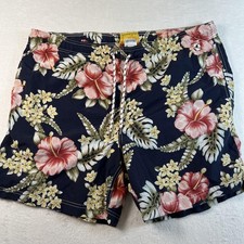 Lands' End Swim Trunks Shorts Mens Large Blue Hawaiian Floral Lined Pockets