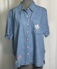 CJ Banks Denim Collared Button Down Embroidered Floral Vintage Shirt 1X