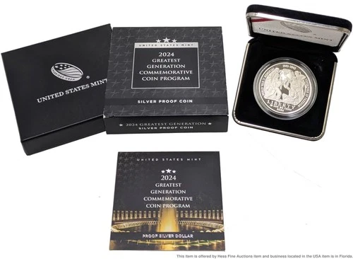 US Mint 2024 Greatest Generation Commemorative 999 Fine Silver Proof $1 Box COA