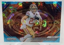 2023 Panini Prizm #F-12 Christian McCaffrey Fireworks Prizms Blue Ice #/99