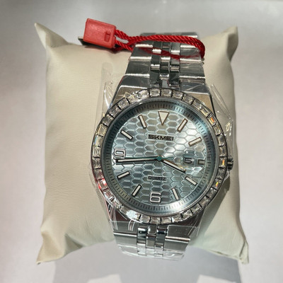 Men s Quartz Analog Silver-Tone Metal Bracelet Blue Textured Dial Date w/Box