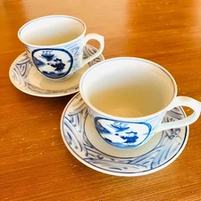 Y1120 Arita ware Shin kiln Aoka dyed Ijin Nanban ship illustration coffee cup sa