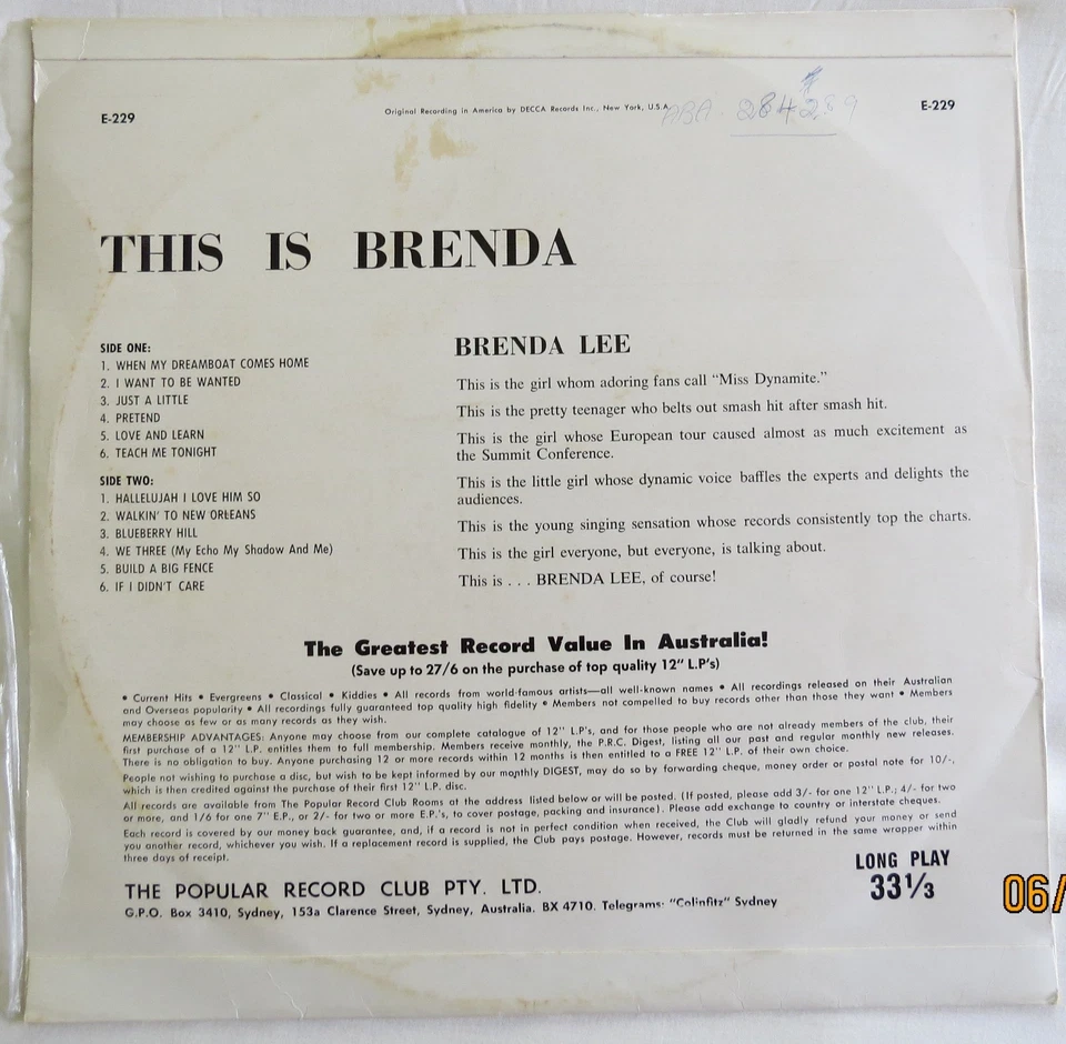 Brenda Lee - This Is Brenda - 1962 Popular Record Club LP - Image 4 of 4