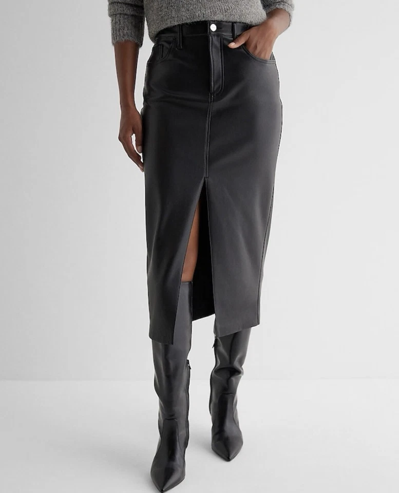 NUEVO CON ETIQUETAS EXPRESS Falda Midi Cintura Alta Imitación Cuero Abertura Frontal Talla 10 Foto 4 de 4