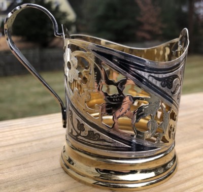 Vtg Russian Silver Niello Gilt Gilded Tea Cup Holder Damascene Old