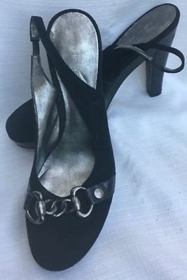 Shoes NINE WEST 4.75'' Pumps BLACK Suede SILVER Bridle Bit Platform Slingback 8.5