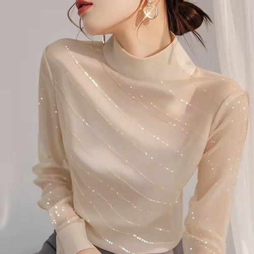Half High Collar Long Sleeve Solid Bottoming Shirt Women's Clothing Sequined Top