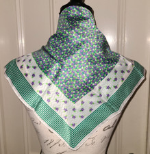 Vtg satin square scarf, white w blue  green floral pattern, green stripe border