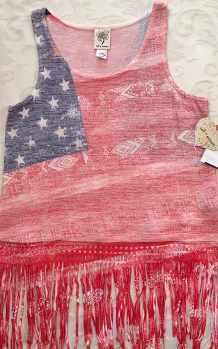 American Flag Print Sleeveless Tassel Top Size Large L Juniors PATRIOTIC NEW - Picture 7 of 7