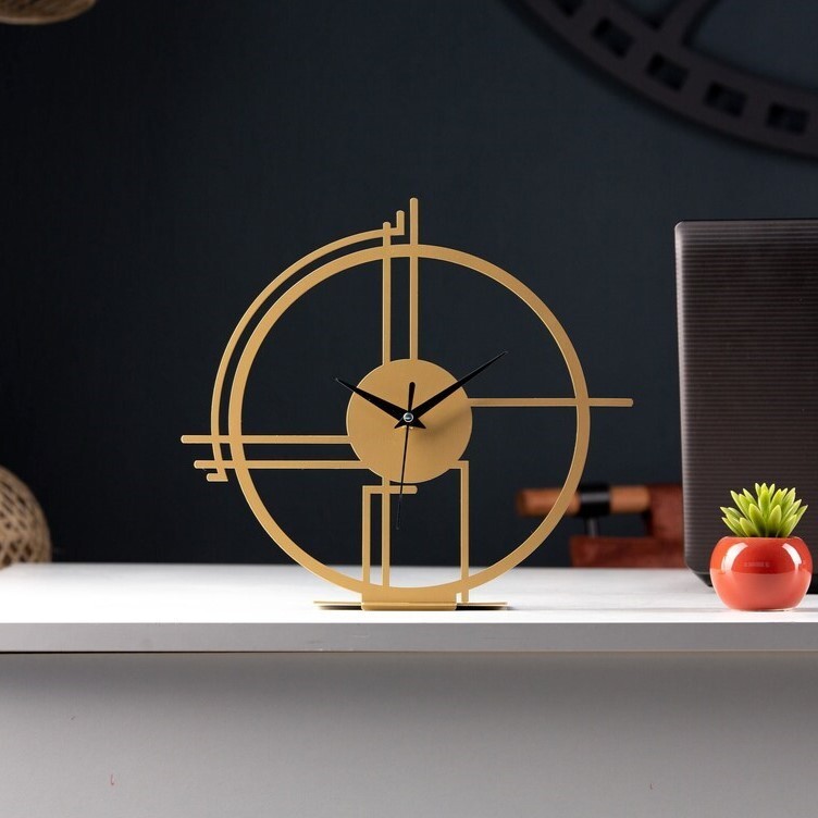 Geometric Design Metal Desktop Clock, Roman Numerals, Table Clock, Gold Colour