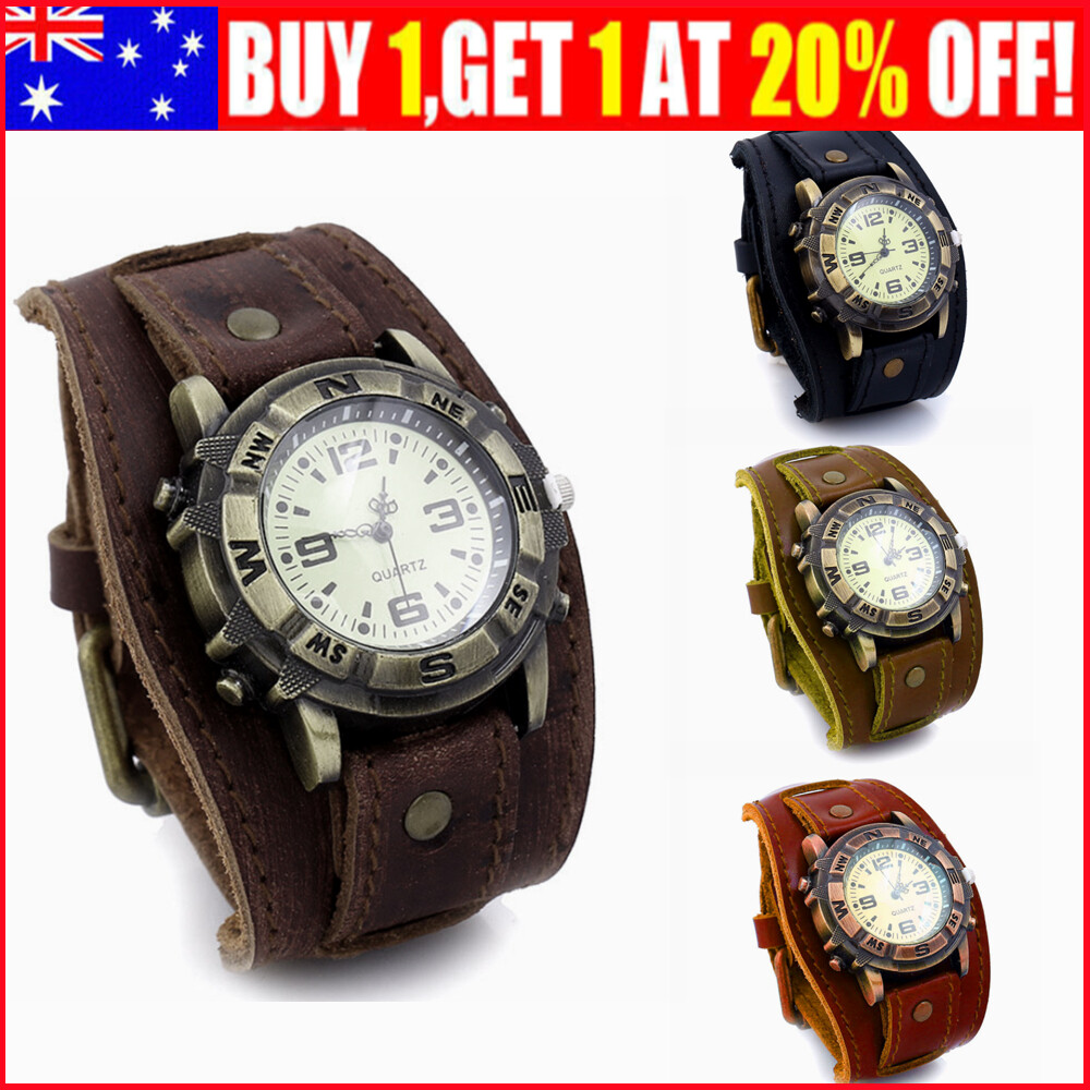 Men Retro Big Wide Genuine-Leather Strap Watch Punk Quartz Cuff Watch Wristwatch